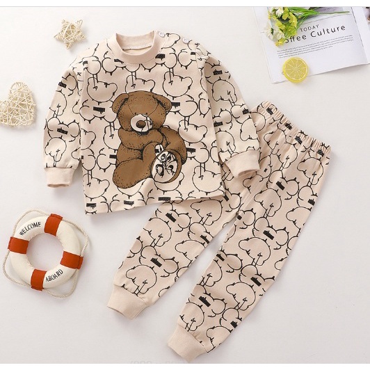 Đồ bộ cho bé in hình ngộ nghĩnh cotton mềm và ấm, Bộ dài tay cho bé trai bé gái