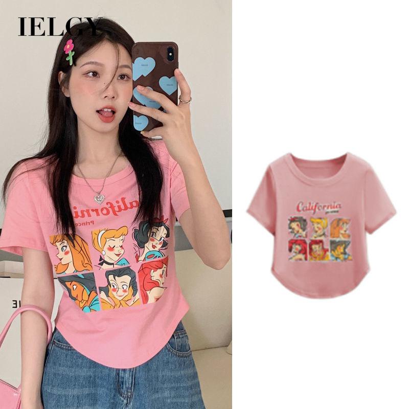 IELGY Áo Thun Tay Ngắn Hở Vai In Họa Tiết Hoạt Hình Màu Trơn Thời Trang Cho Nữ