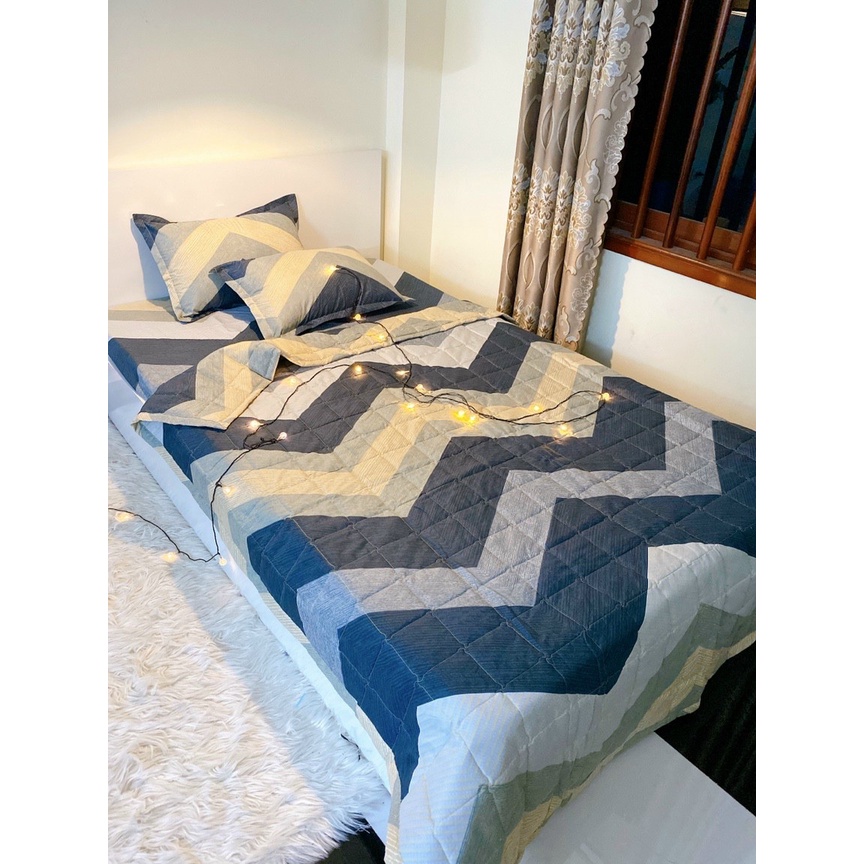Set ga gối chăn hè chần bông Cotton 5 món EMMIBedding, mẫu Kẻ sóng xám mền cotton họa tiết đáng yêu