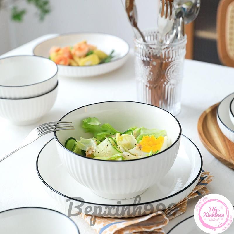 Bộ Bát Đĩa Sứ Trắng Viền Đen, Bát Ăn Cơm, Chén Dĩa Dễ Thương Decor Đẹp Cao Cấp Bepxinh999