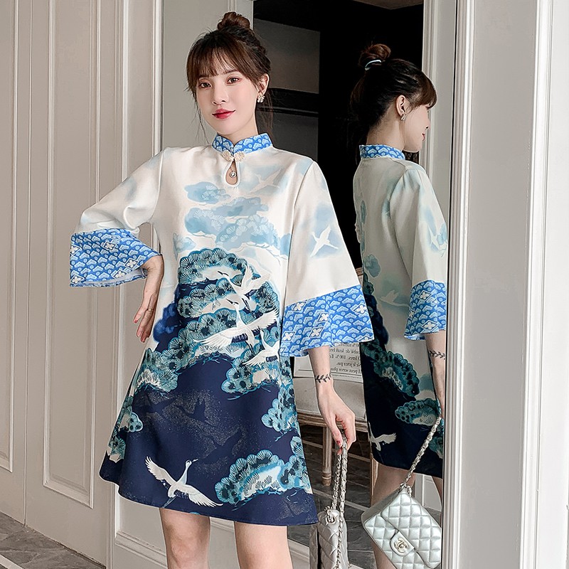 Đầm truyền thống cách tân in mực Trung Hoa 2021