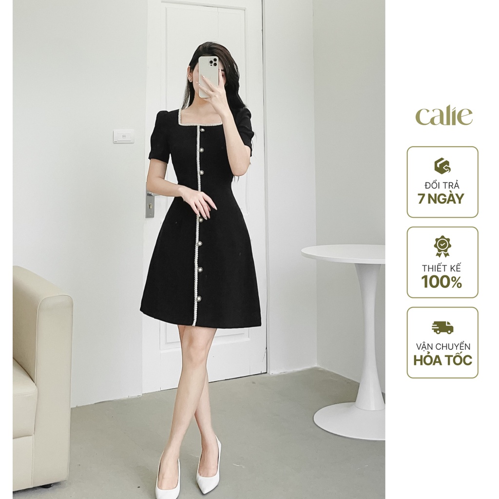 Váy cổ vuông viền ren đính cúc sang chảnh, Đầm công sở tôn dáng Calie VA092