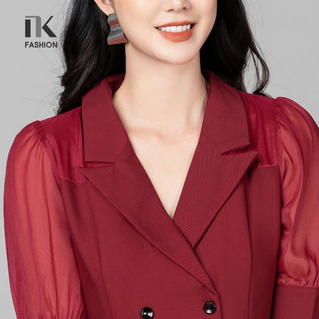 Áo Sơ Mi Nữ Công Sở Cổ Vest NK Fashion Tay Lỡ Giao Cúc Phối Tơ Ánh, Chất Liệu Nhập Hàn Mềm Mịn NKSM2112016