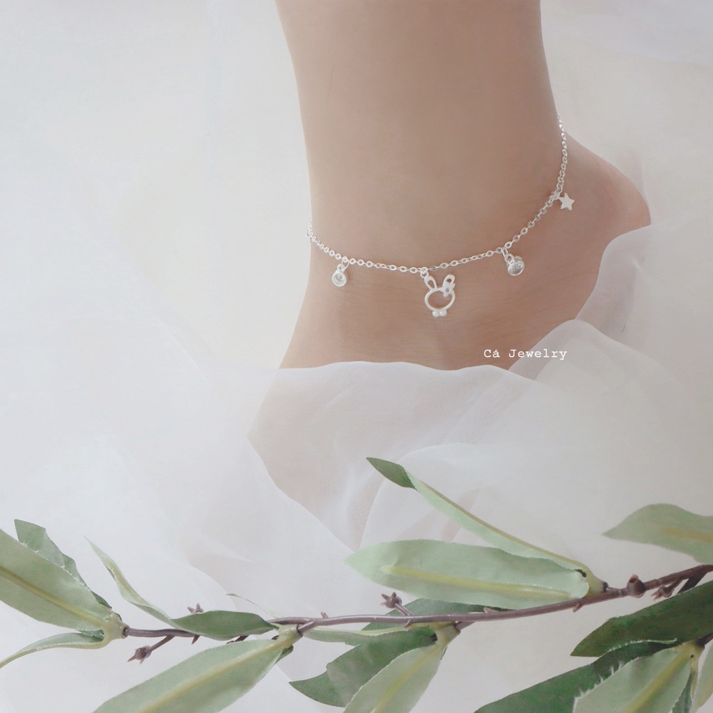 Lắc chân nữ vòng chân nữ bạc s925 thỏ đeo nơ sao và viên pha lê tròn tua rua Cá jewelry LC40