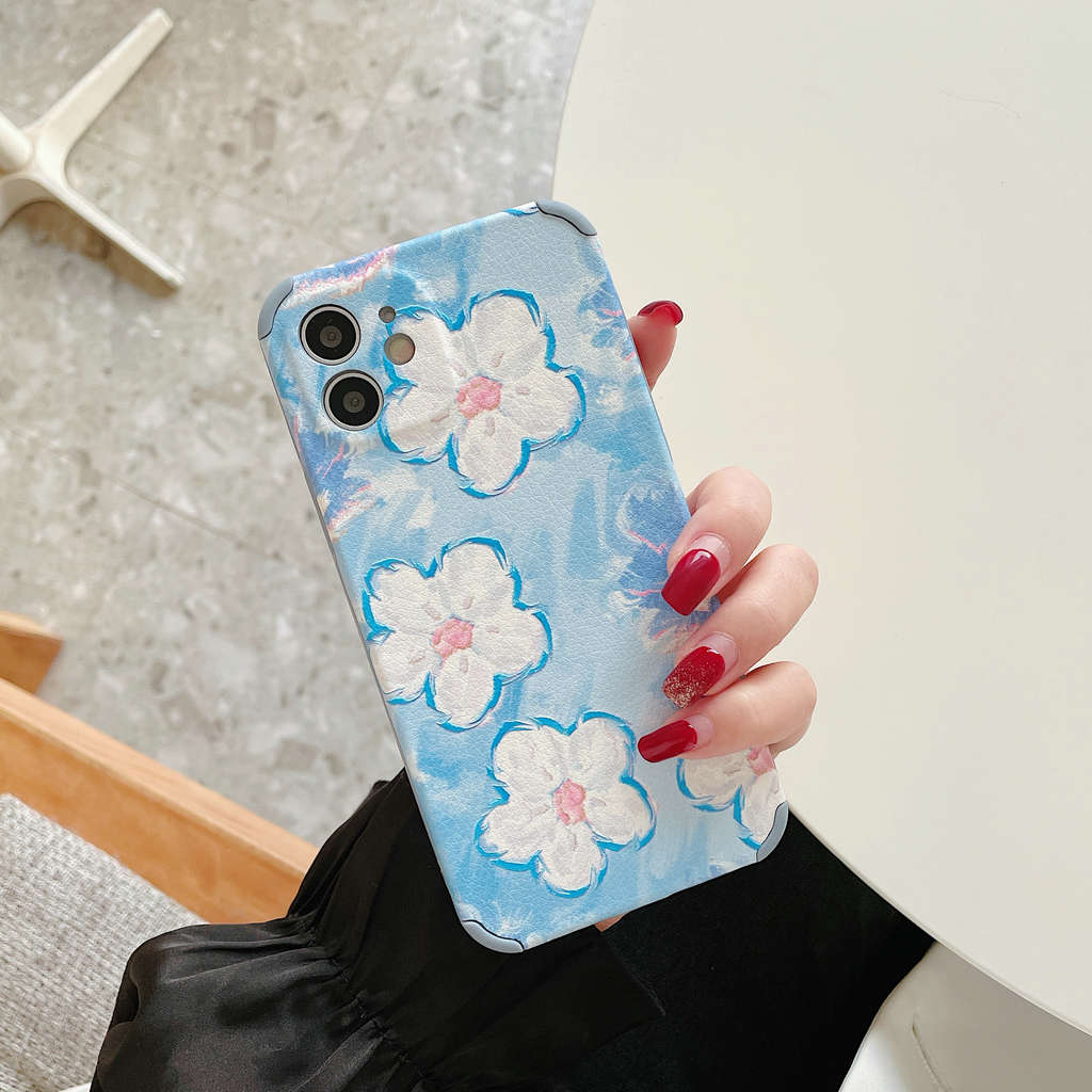 Blue oil painting flowers Soft Leather Ốp Vivo V20 Pro V9 Y81i Y50 Y17 S1 Y19 Y30 Y12 V11i Y81 Y15 X20 Y85 X30 OPPO A53 A5 A9 2020 A31 A92 R9s A12 Reno 4Z A7 F9 A3s A12e A5s Case