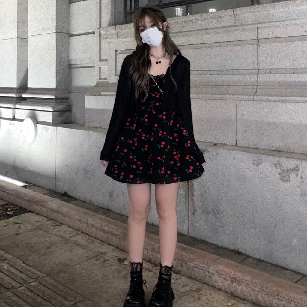 Set Đầm Hai Dây Họa Tiết Trái Cherry + Áo Khoác Cardigan Mỏng Chống Nắng Dành Cho Nữ