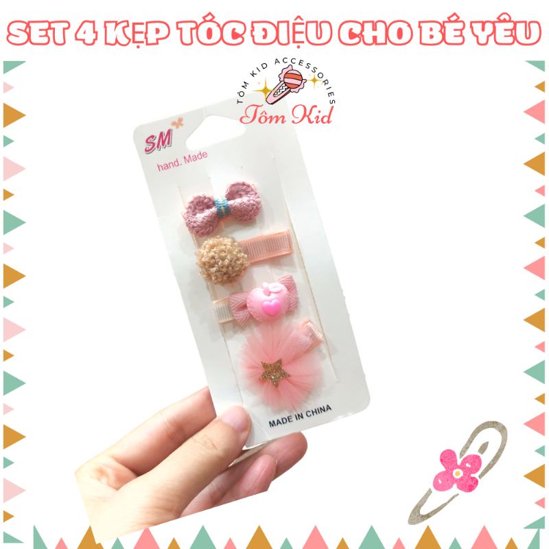 Set 4 kẹp tóc hình Nơ điệu cho bé gái NPP Baby Tôm