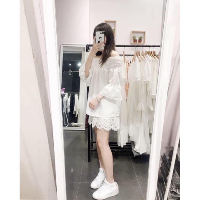 Áo bẹt vai cột nơ trắng tinh khôi