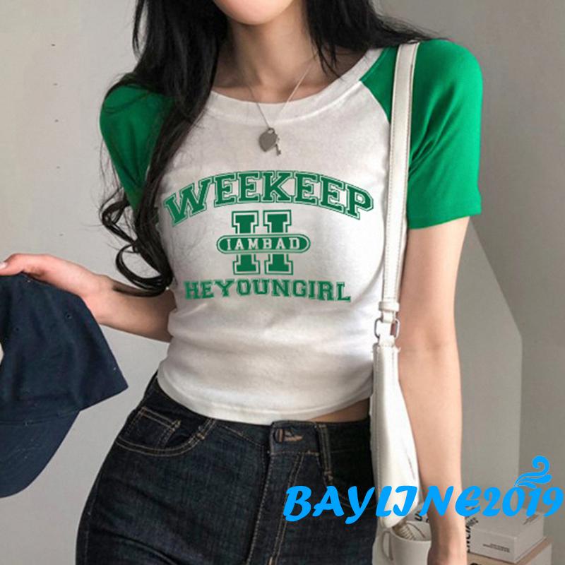 Áo Thun Tay Ngắn Cổ Tròn In Chữ Màu Sắc Tương Phản Thời Trang Mùa Hè Cho Nữ