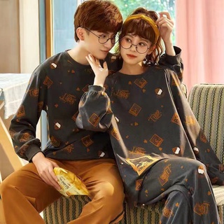 Bộ đồ ngủ tay dài chất liệu cotton mỏng thời trang xuân thu phong cách Hàn Quốc cho cặp đôi