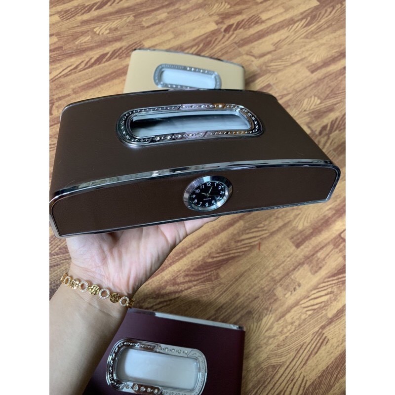 Hộp đựng khăn giấy trên ô tô ❤️FREESHIP❤️ 3 chức năng có Đồng Hồ + Bảng số điện thoại chất liệu da cao cấp- BH 1 đổi 1!