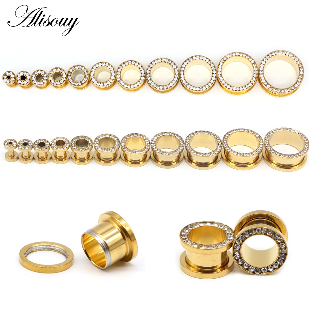 Alisouy 1 Cặp Nút Bịt Lỗ Tai 3~20mm Màu Vàng Pha Lê