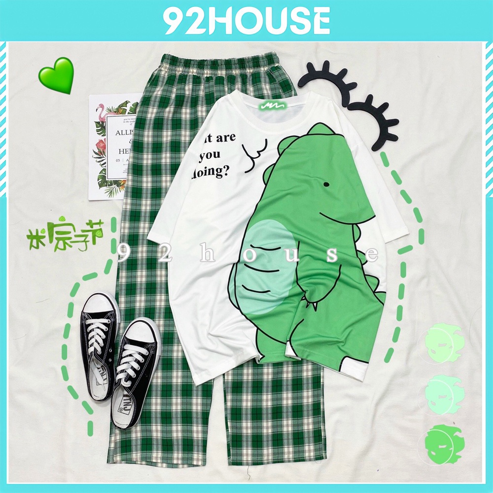 Set bộ  hoạt hình áo phông quần kate kẻ khủng long xanh lá unisex