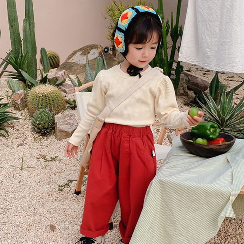 Áo kiểu tay phồng cổ tròn màu trơn phong cách Hàn Quốc thời trang cho bé