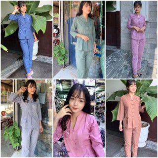 Bộ đồ lam đi chùa nữ chất katê - trang phục phật tử mẫu bà lai Kate