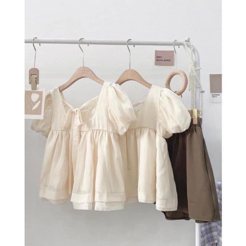 Set bộ áo babydoll tay bồng nơ lưng chất voan tơ và quần ống rộng cạp cao, set bộ tiểu thư