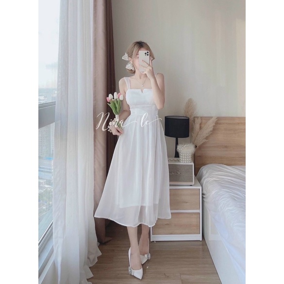 Đầm thời trang nữ mặc đi biển chất voan có lót mút ngực 2 dây maxi dài màu trắng