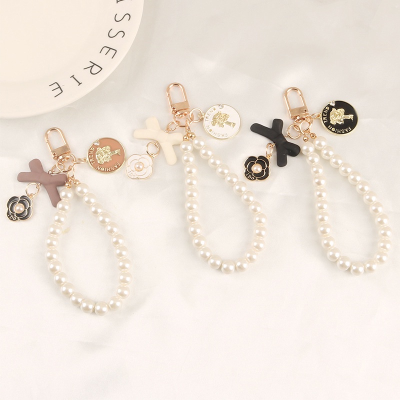 Móc khóa trang trí túi xách/điện thoại hình bông hoa và nơ phối chuỗi hạt ngọc trai nhân tạo tinh tế