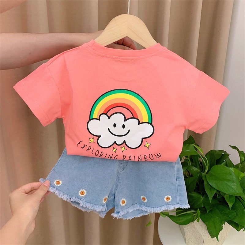 Set Áo Thun Ngắn Tay Và Quần Short Denim In Hoa Mới Cho Bé Gái