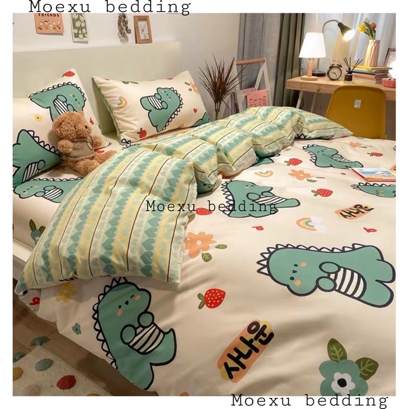 Bộ Chăn Phao Ga Gối ☀️ Vỏ Chăn Ga Gối Cotton poly 3D Hàn Quốc Khủng Long Xanhcotton thun mát bền có nhiều kích thước