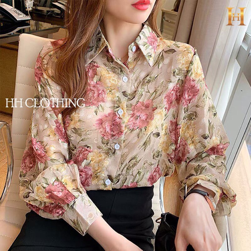 Áo sơ mi bassic nữ voan tơ hoa dập nổi - tay phồng - HH CLOTHING