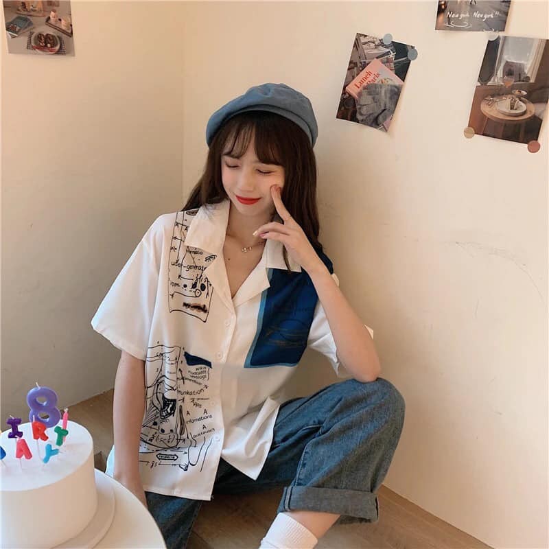 [CÓ ẢNH THẬT] Sơ Mi Nữ Phong Cách Ullzang In Hình Xinh Xắn, Cổ Áo Dạng Vest Nổi Bật, Vải Kate Thoáng Mát