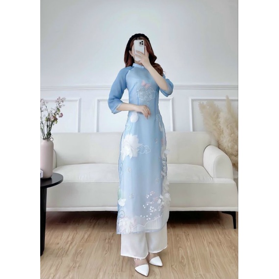 😍Siêu phẩm áo dài cách tân tơ ogana 4 tà đính hoa nổi cao cấp đẹp kèm ảnh thật 100%. bán giá sỉ