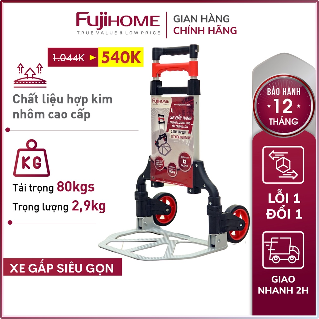 Xe đẩy hàng gấp gọn 2 bánh chở hàng 80kg Nhật Bản FUJIHOME HT-280, xe kéo hàng  gấp gọn nhẹ siêu thị đa năng giá rẻ mini