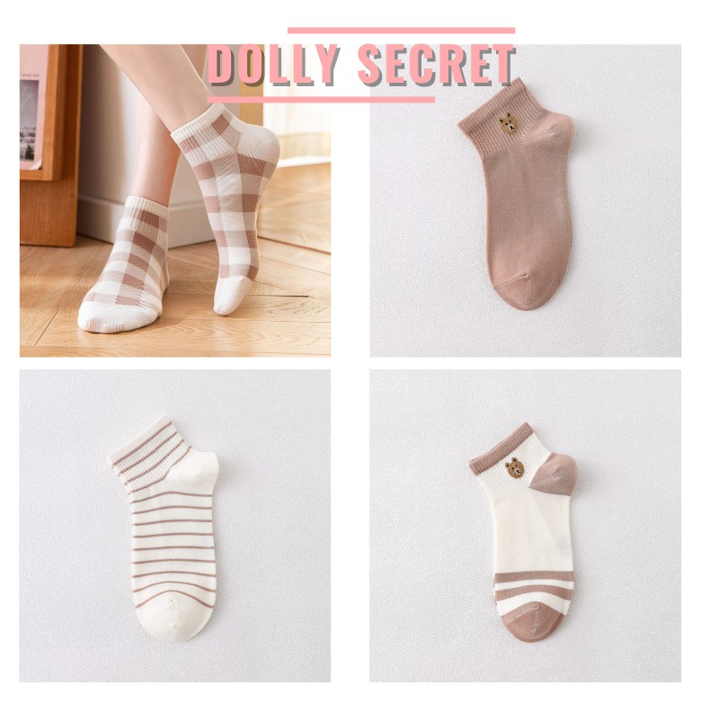 Tất cổ ngắn chất len đẹp hình gấu đáng yêu phong cách Vintage Hàn Quốc cho nữ DOLLY SECRET T06