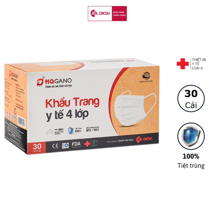 Hộp khẩu trang y tế quai thun 4 lớp HQGANO kháng khuẩn, đạt chuẩn xuất khẩu, không mùi, chất liệu cực mềm mại