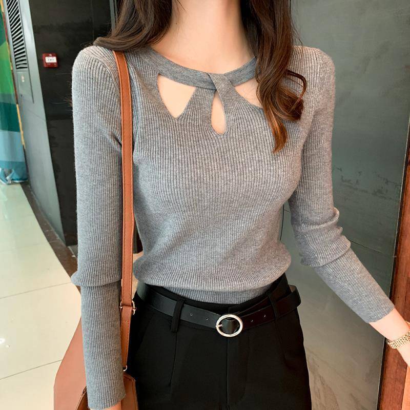 Áo Sweater Dệt Kim Tay Dài Thiết Kế Dây Đan Chéo Quyến Rũ