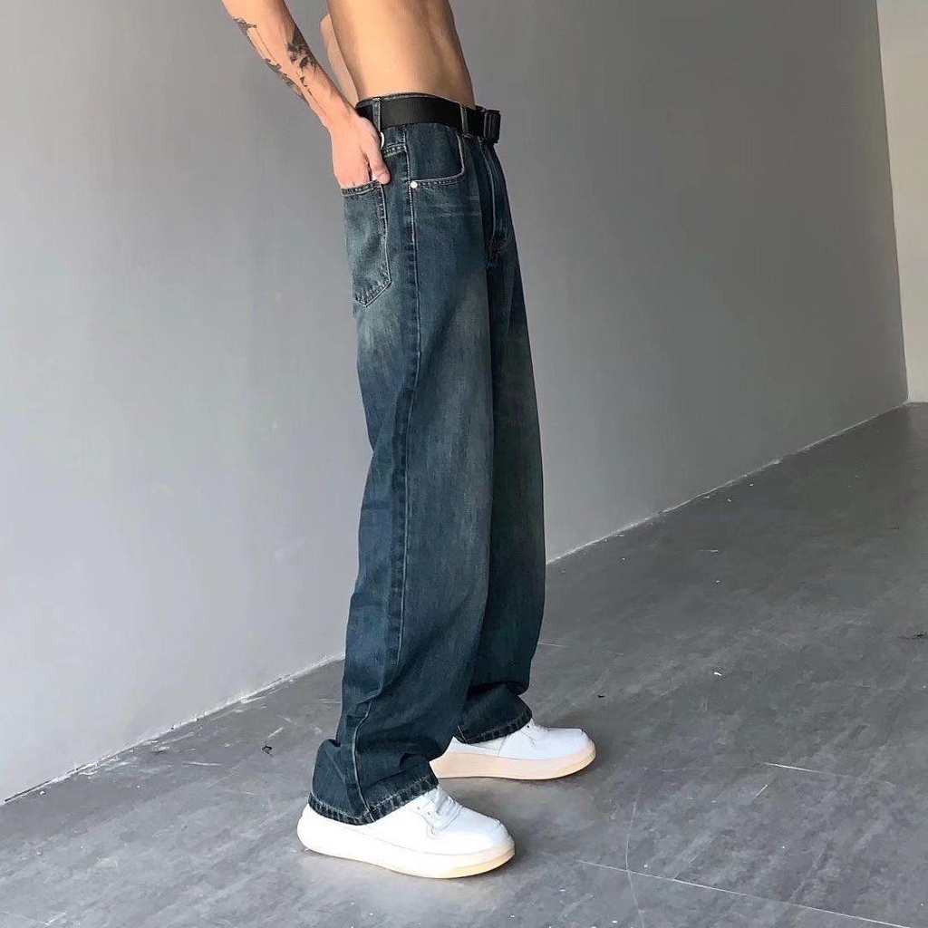 Quần jeans dài ống rộng phong cách retro đường phố Nhật Bản cho nam và nữ