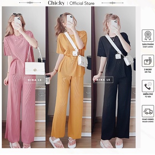 Sét bộ đồ nữ áo cổ tròn fom rộng, quần dài dáng suông