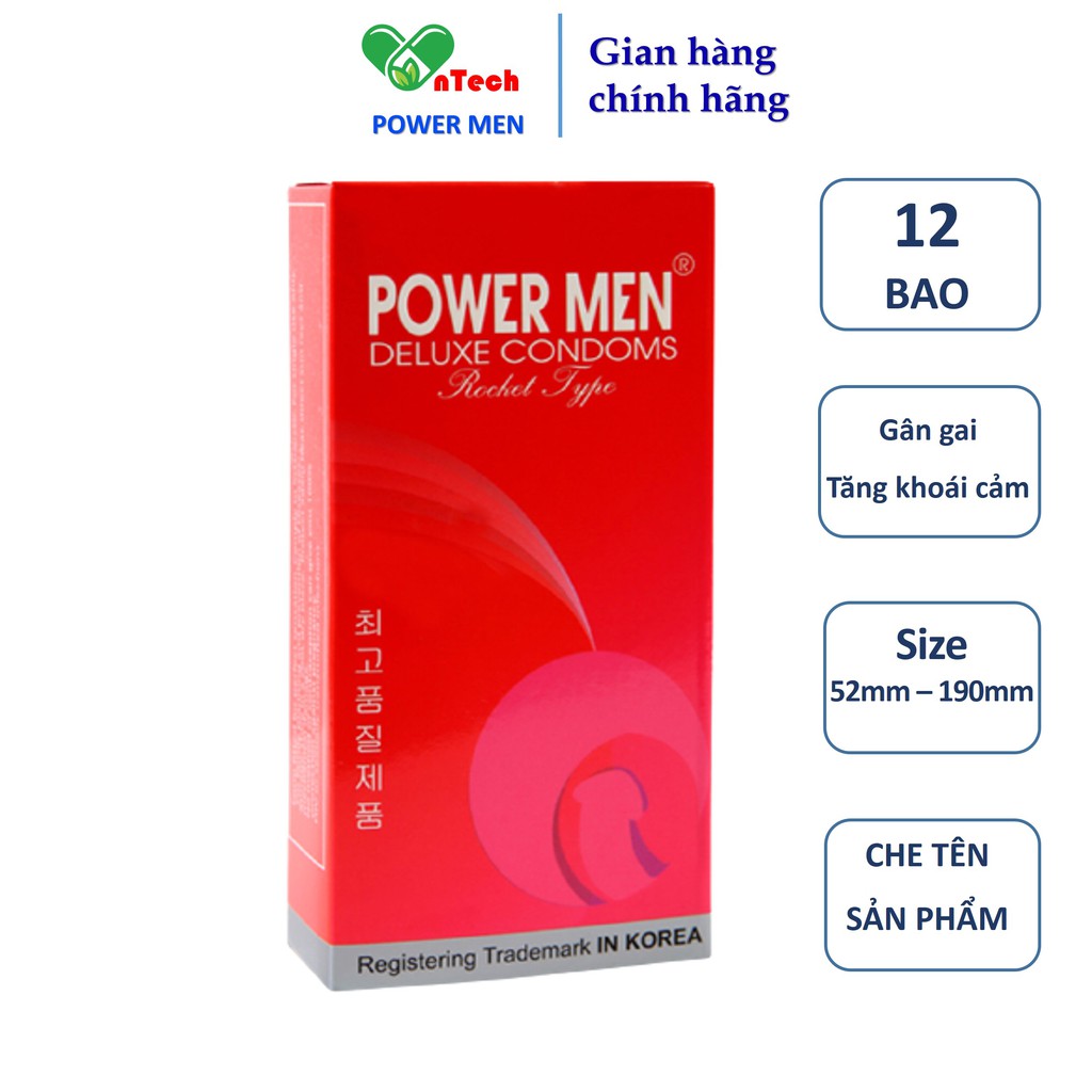 Bao cao su POWER MEN ROCKET TYPE siêu gân gai với 489 hạt nổi quanh thân 6 đường gân chìm tăng khoái cảm hộp 12 chiếc