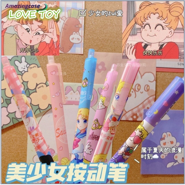 Set 6 Bút Mực Gel Hình Thủy Thủ Mặt Trăng Màu Đen Dễ Thương Cho Học Sinh