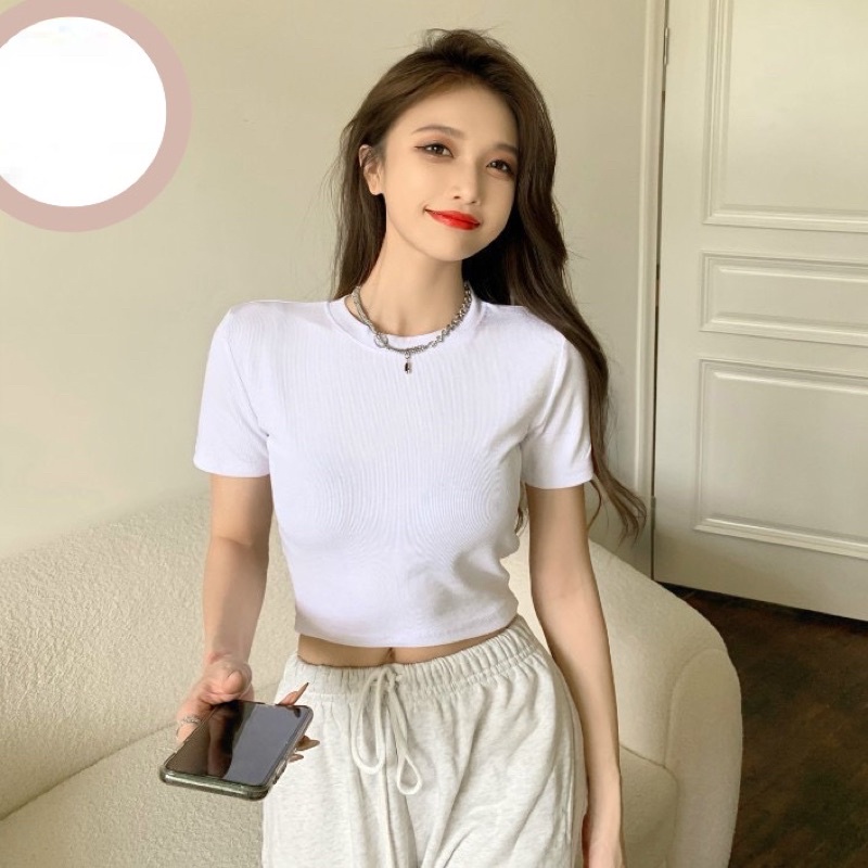 ÁO CROPTOP CỔ TRÒN TAY NGẮN TRƠN CHUẨN PHOM TÔN DÁNG