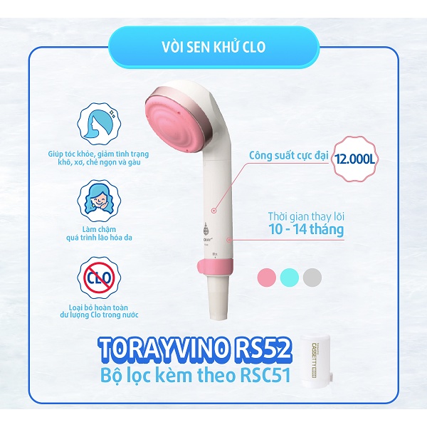Vòi sen tắm Torayvino RS52 khử clo - Màng lọc than hoạt tính siêu mịn - Tiết kiệm 30% nước