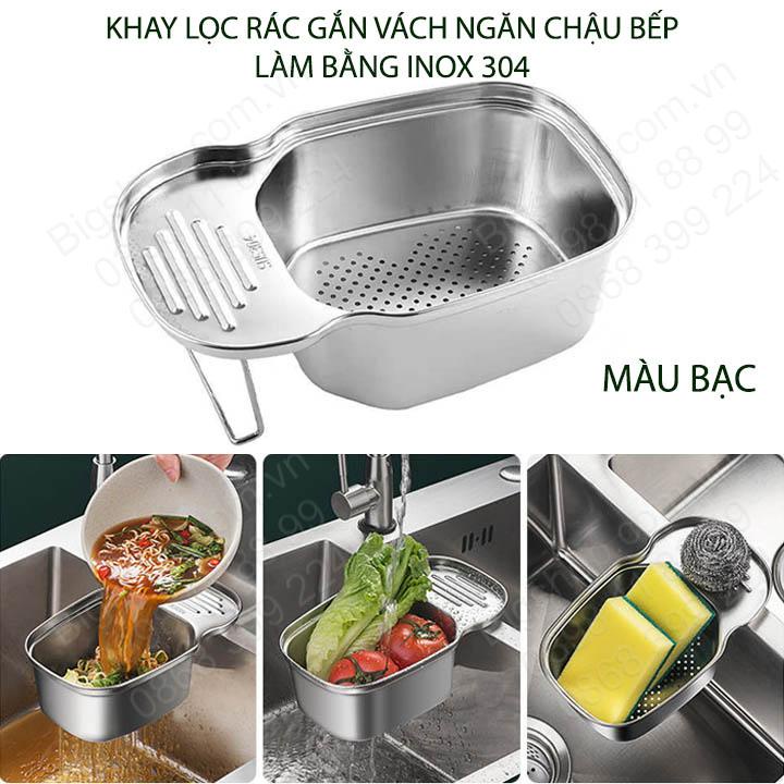 Khay lọc rác thông minh, để đồ đa năng ráo nước, gác vách ngăn chậu rửa bát đôi, làm bằng inox 304
