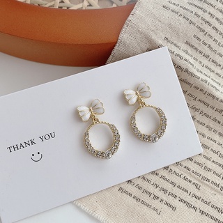 Khuyên tai, Bông tai nữ đính đá, pha lê S925 đính nơ tròn, bông tai tròn hình bướm dáng thả dễ thương Hàn Quốc