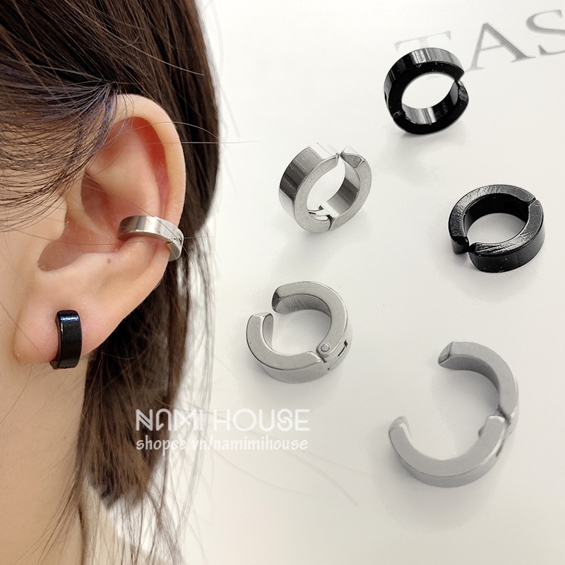 Bông tai khoen tròn kẹp dắt vành tai không cần bấm lỗ tai kiểu mấu vuông dày dặn style hàn quốc - nami house
