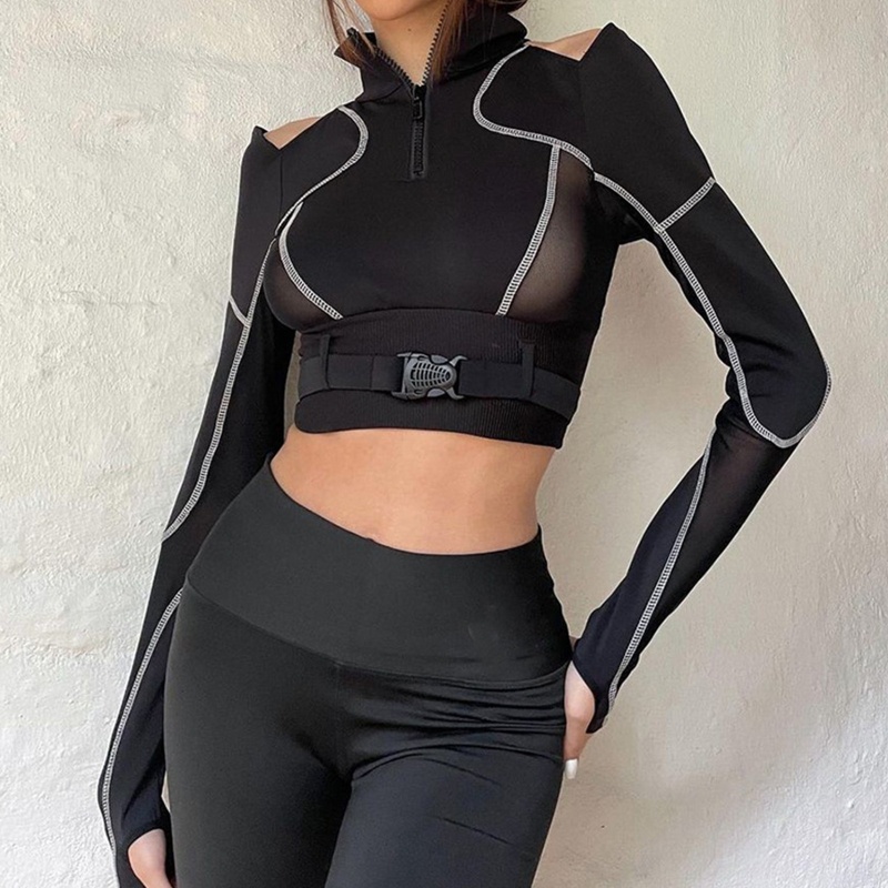 Áo Thun Croptop Tay Dài Cổ Lọ Có Khóa Kéo Phong Cách Thời Trang Harajuku Dành Cho Nữ