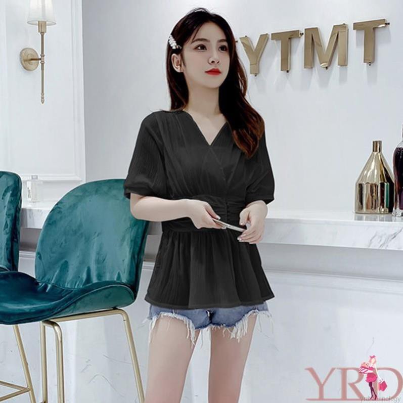 Áo kiểu chất Chiffon màu trơn thiết kế cổ chữ V phong cách Hàn Quốc thanh lịch Đẹp ⚡