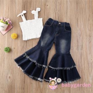 Set Áo Hai Dây Xếp Nếp + Quần Jeans Dài Ống Loe Cho Bé Gái