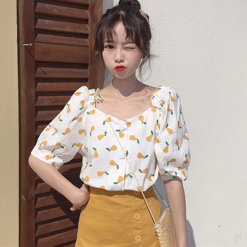 Áo kiểu nữ ngắn tay in họa tiết trái cây xinh xắn