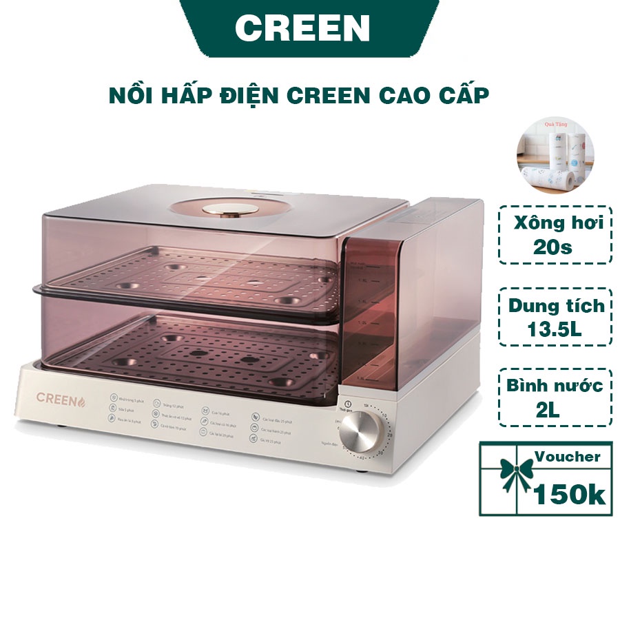 Nồi hấp điện CREEN CR-135CF dung tích 13.5L, Xông hơi nhanh trong 20s, Núm vặn cơ tiện lợi điều chỉnh (TẶNG KÈM BẾP TỪ)