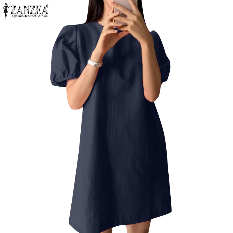 Đầm ZANZEA tay ngắn cổ tròn dáng rộng phong cách Hàn Quốc thời trang cho nữ
