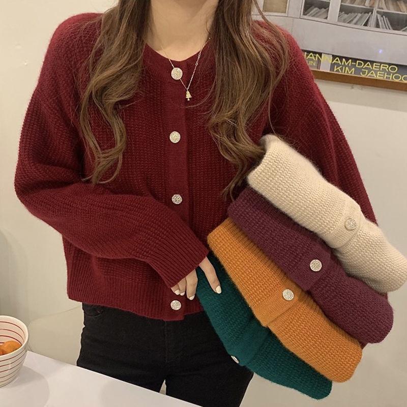 Áo Khoác Cardigan Dệt Kim Cổ Tròn Dáng Ngắn Phong Cách Hong Kong Thời Trang Cho Nữ