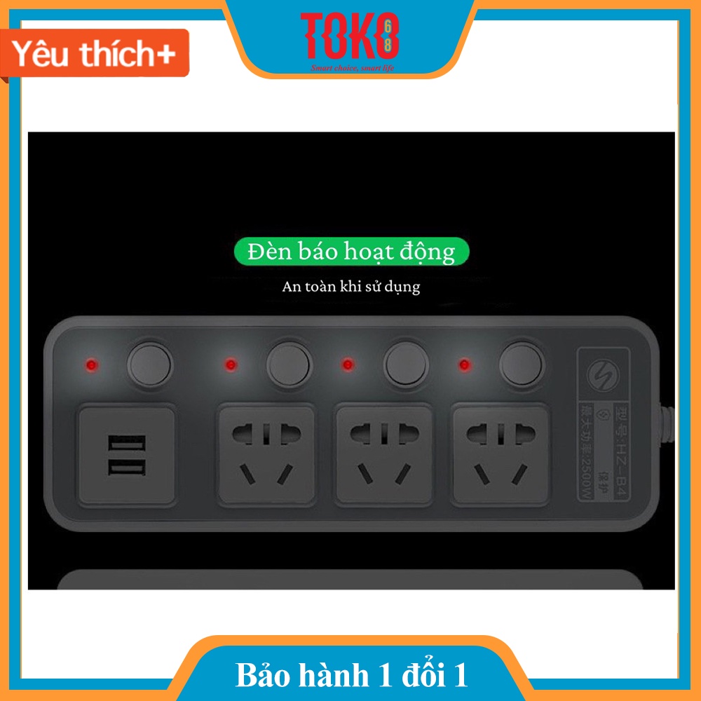 Ổ cắm điện đa năng thông minh tiết kiệm điện dây dài 1,8 -2,8m 2 cổng USB chịu tải 2500W
