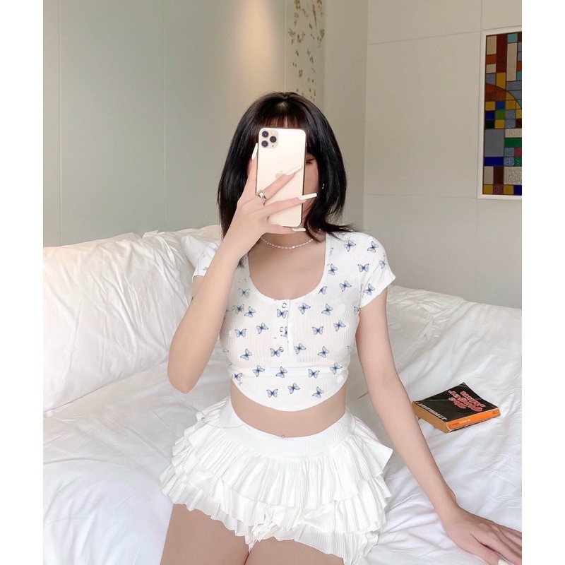 Áo croptop butterfly vạt bầu nút bấm ( Kèm hình thật )