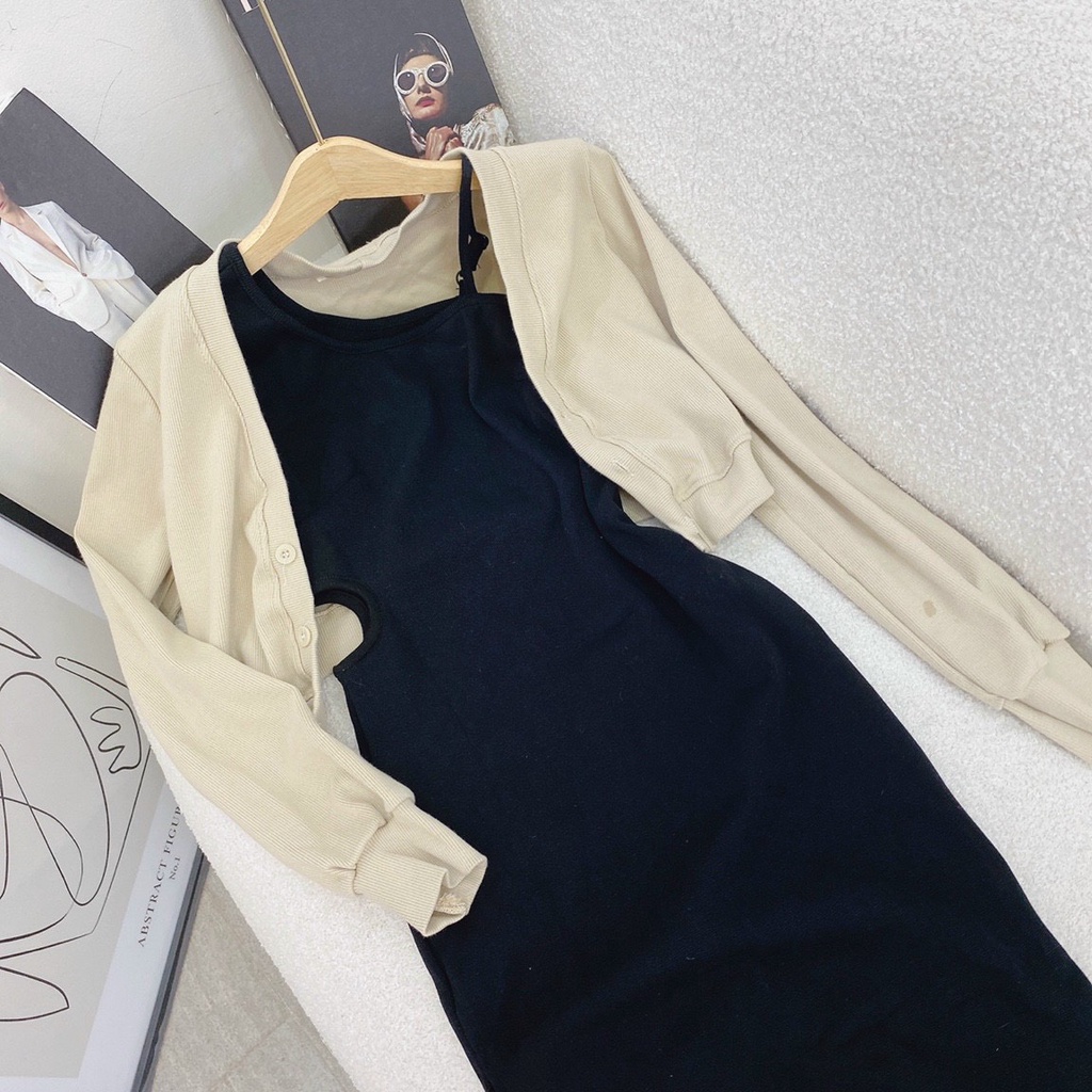 SET ĐẦM ĐEN LỆCH BÊN VAI DÂY + ÁO KHOÁC CROPTOP TRẮNG